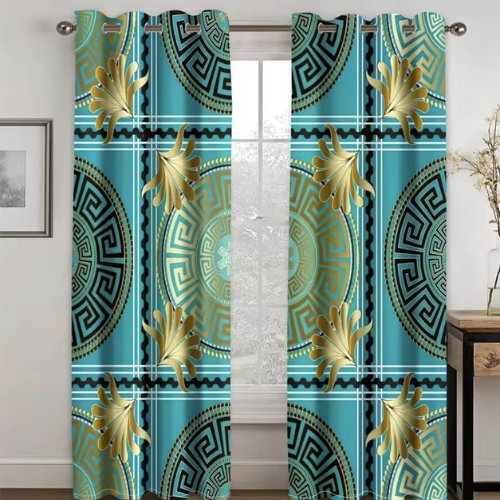 Aqua & Gold circle Pattern Curtains