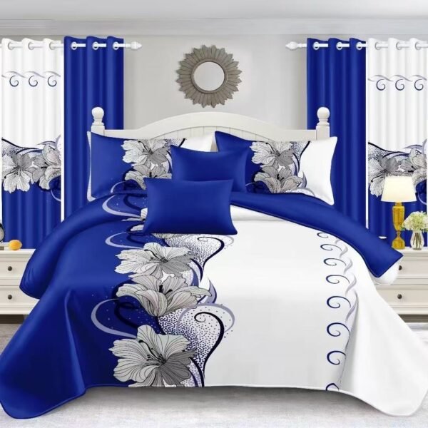 White & Dark Blue Flower Bedding Set