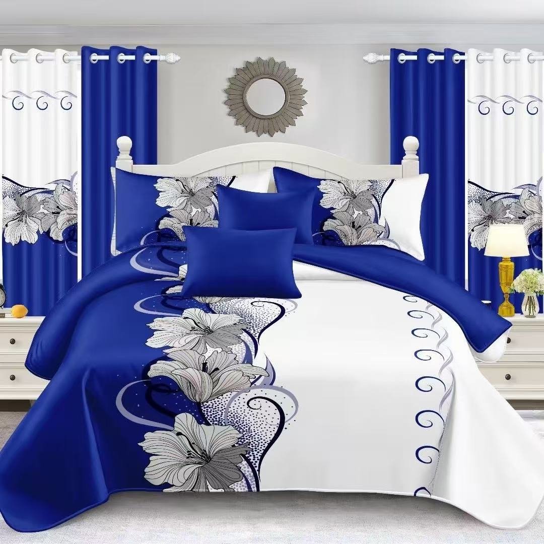 White & Dark Blue Flower Bedding Set