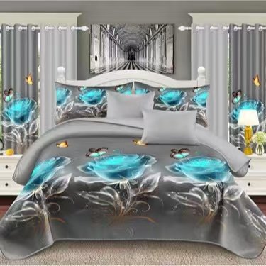 Gray & Blue Rose Bedding Set