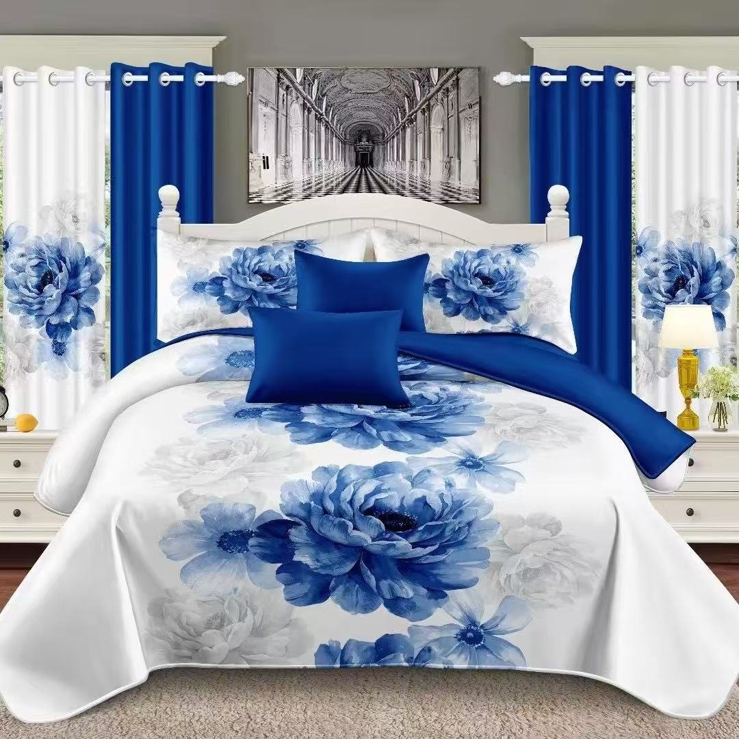 White & Dark Blue Flower Bedding Set