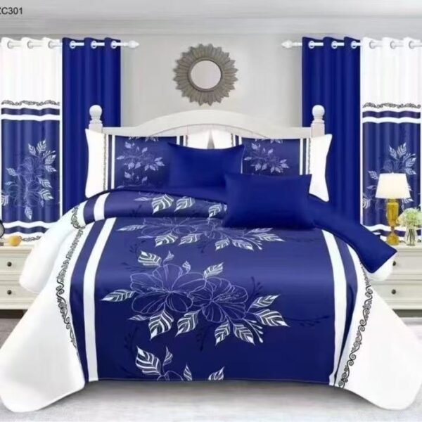 White & Dark Blue Flower Bedding Set