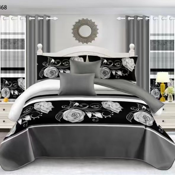 Grey & White Rose Pattern Bedding Set